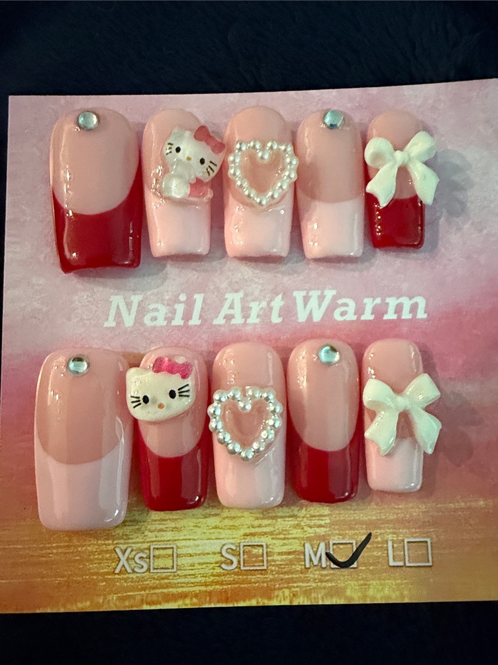 Hello Kitty Pink & Red Rhinestone handmade acrylic press on Nail Set